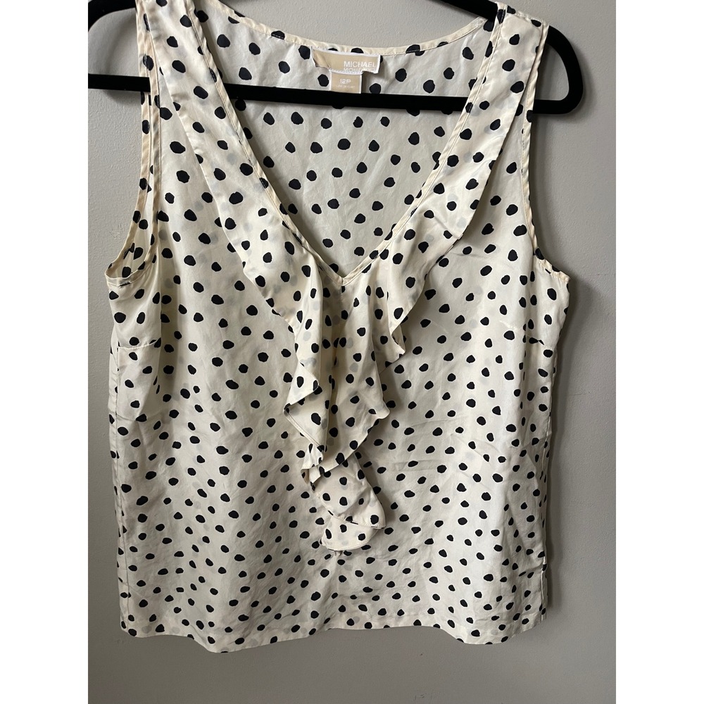 Michael Kors 100% Silk Polka Dot Ruffle V-Neck Sleeveless Top Ivory Black 12P